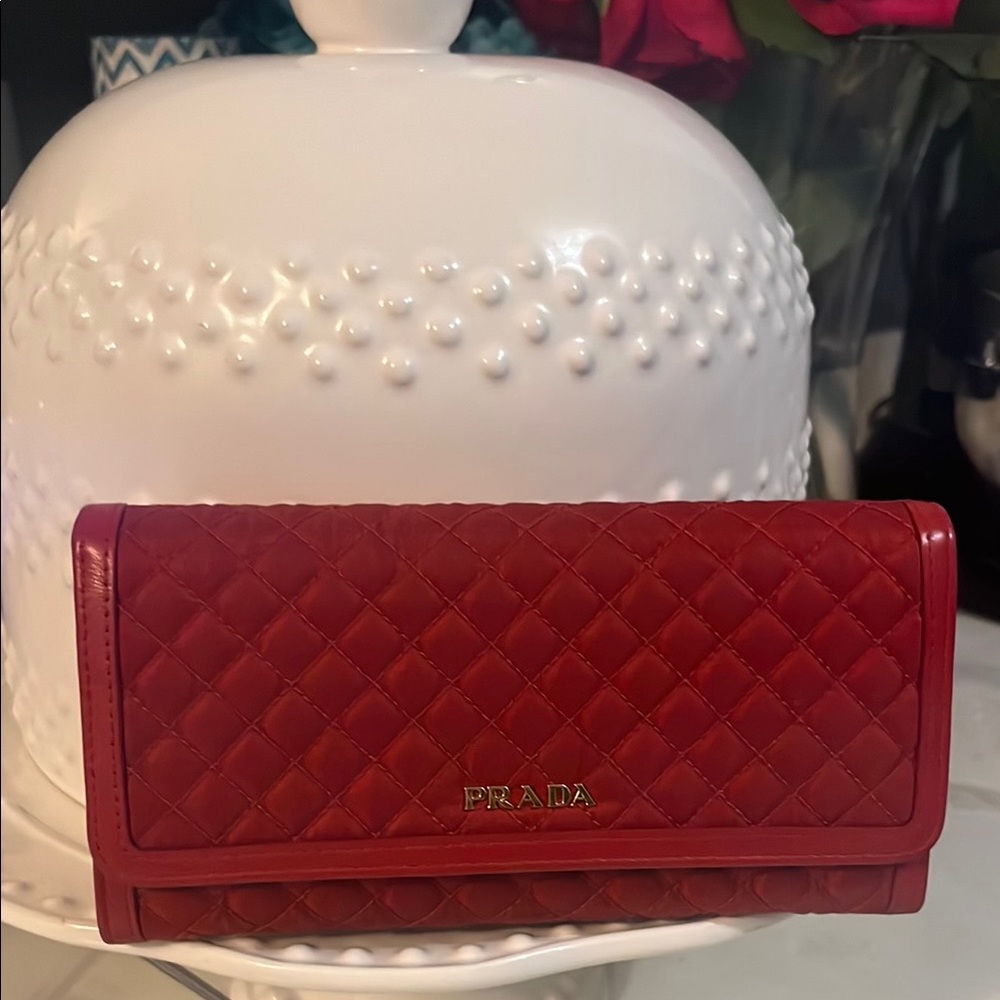 Prada Red Quilted Wallet with Leather Trim